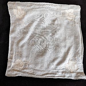 Vintage White Handkerchief with Beige/White Embroidered Floral Pattern